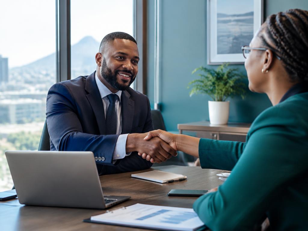 Two business colleagues shaking hands across an office desk