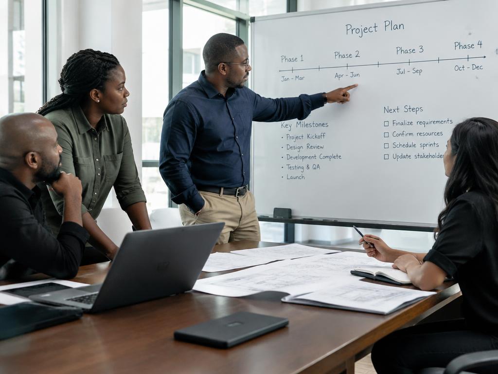 Team reviewing a project plan on a whiteboard in a meeting