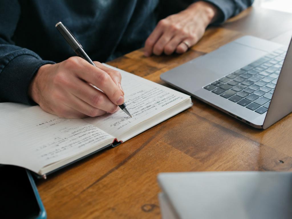 Hands writing notes in a notebook beside a laptop