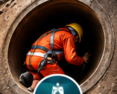 Worker in orange safety gear entering a confined space