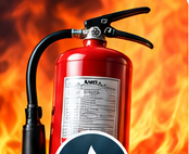 Red fire extinguisher in front of flames