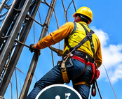 Worker in a safety harness climbing scaffolding